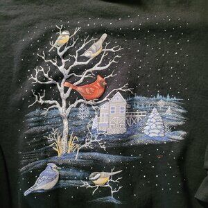 Vintage Winter Sweatshirt 90s Sweater Womens XL Birds Snow Cabin Christmas
